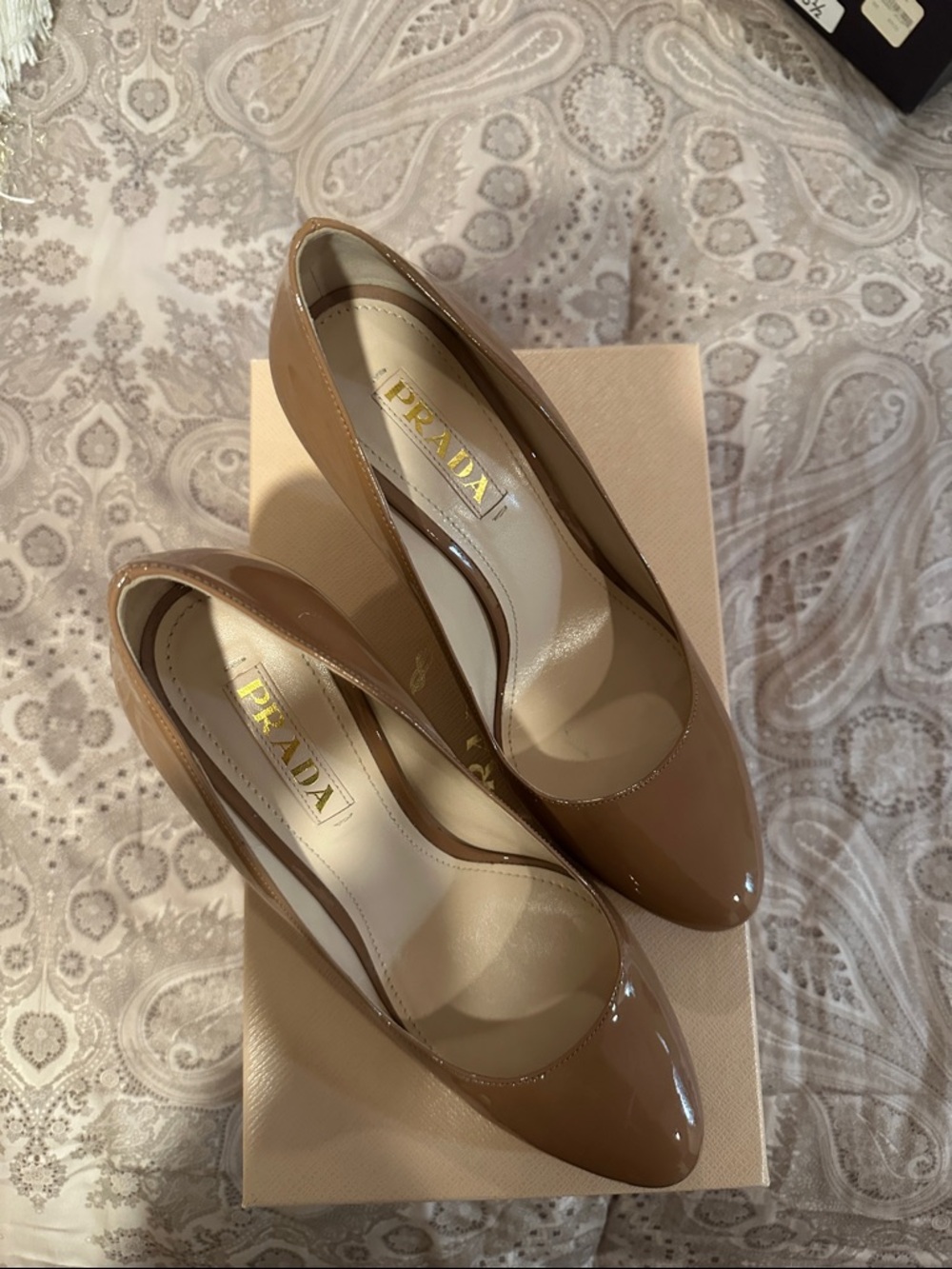 Prada Nude Patent Leather Pointed-Toe Pumps